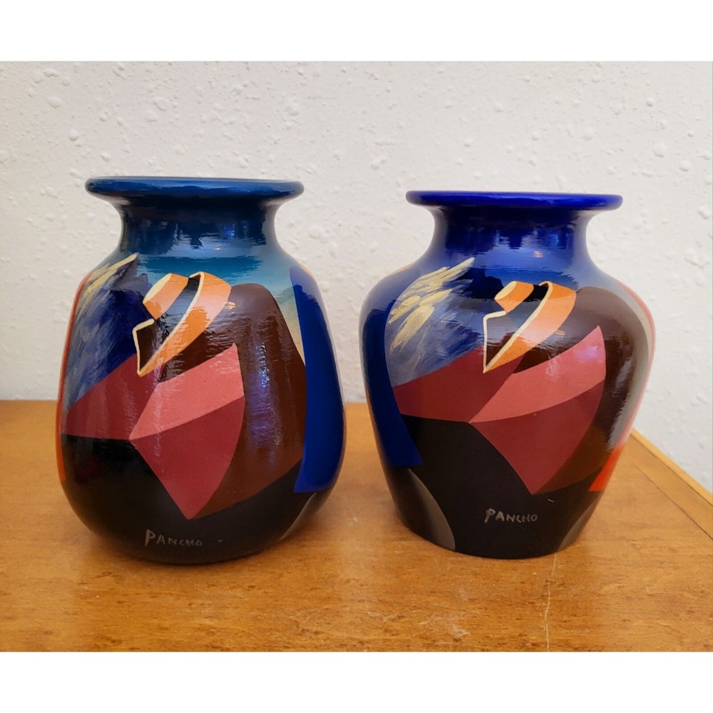 Pair of Collectible Peruvian Vase Handpainted Artist Signed Pancho Vases Jars 6"